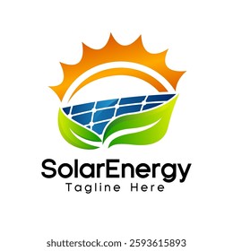 A modern solar energy logo featuring a stylized sun with radiant beams, a blue solar panel array, and a green leaf, symbolizing renewable energy, sustainability, and eco-friendliness.