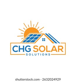 Modern solar energy logo with rooftop panels and sun illustration for green energy branding
