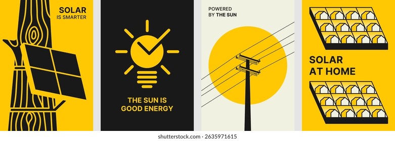 Modern solar energy poster set with minimal illustrations of panels, sunlight, power lines, and Eco-friendly home electricity concepts.
