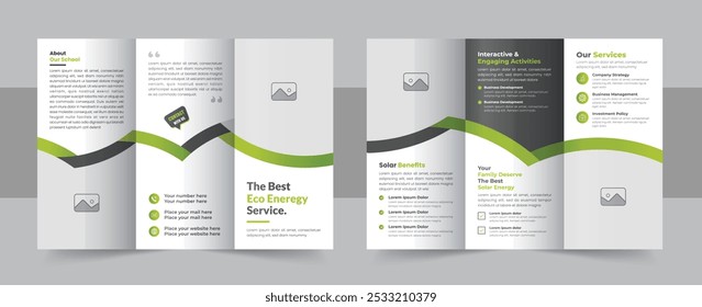 Modern solar energy trifold brochure template vector, eco energy or solar panel business trifold brochure design. Solar energy trifold brochure templates and solar panel business poster layout design