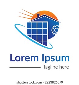 Modern solar panel on residential house logo vector illustration with dummy text on white background. Renewable energy icon.