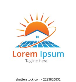 Modern solar panel on residential house logo vector illustration with dummy text on white background. Renewable energy icon.