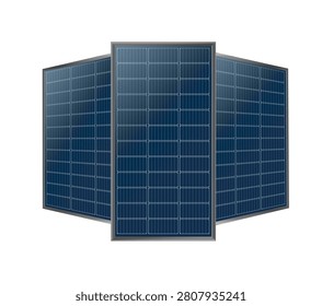 Modern solar panel system with photovoltaic cells converting sunlight into clean energy, realistic 3D design on transparent background for sustainable power generation projects.