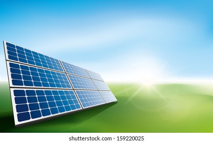 Paneles solares modernos en un campo de césped con luz solar.