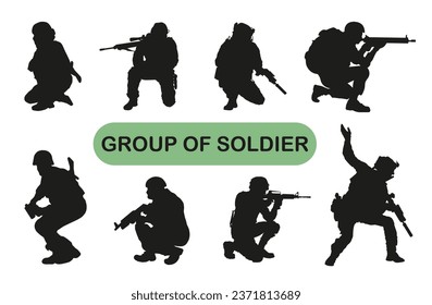 Modern soldier in combat positions. Vector graphics. Black silhouette on a white background. EPS 10.