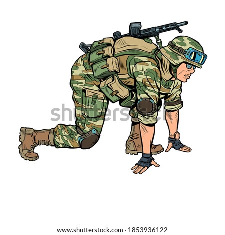 modern soldier in the starting position. Pop art retro illustration kitsch vintage 50s 60s style
