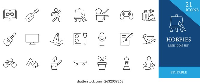 A modern solid icon set of 21 hobby activities including travel, music, fitness, cooking, hiking, and more. Perfect for apps, websites, and lifestyle-themed designs.
