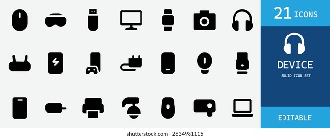 A modern solid icon set of electronic devices including smartphone, laptop, tablet, printer, camera, and more. Perfect for web, app, UI, and digital design.