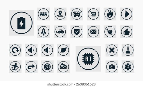 Modern solid line icons with circular frames for UI design, covering AI, battery, media, transport, finance, science, nature, and social features.