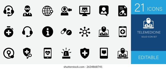 Modern solid telemedicine icons featuring doctor, patient, video consultation, ehealth, remote monitoring, mobile health app, AI diagnosis, wearable, and smart healthcare.
