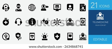 Modern solid telemedicine icons featuring doctor, patient, video consultation, ehealth, remote monitoring, mobile health app, AI diagnosis, wearable, and smart healthcare.
