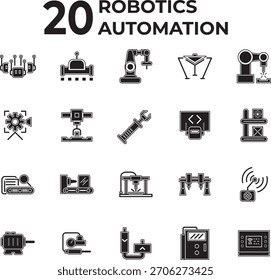 Modern solid-fill vector icons for industrial robotics and factory automation, covering core concepts like manufacturing, engineering, machine learning, sensors, and system control. 