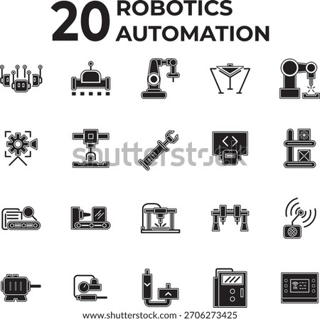 Modern solid-fill vector icons for industrial robotics and factory automation, covering core concepts like manufacturing, engineering, machine learning, sensors, and system control. 