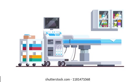 Modern sonography diagnostics and examination office interior. Ultrasound scanner technology. Medical ultrasonography checkup equipment with bed and shelves. Flat style vector isolated illustration