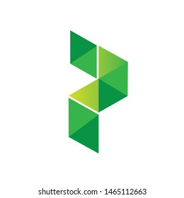 A modern and sophisticated vector logo featuring the letter P constructed from a series of interconnected triangles, creating a 3D prism or mosaic effect. The design utilizes a fresh palette of green and lime gradients, symbolizing growth, multifaceted solutions, and digital precision. This versatile geometric emblem is ideal for architecture firms, software developers, creative agencies, and sustainable tech startups.
