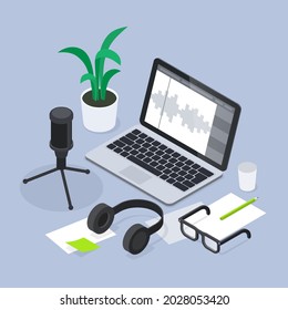 Modern sound production equipment isometric vector illustration. Portable music studio with laptop equalizer and microphone. Professional musical workstation for radio broadcasting voice record