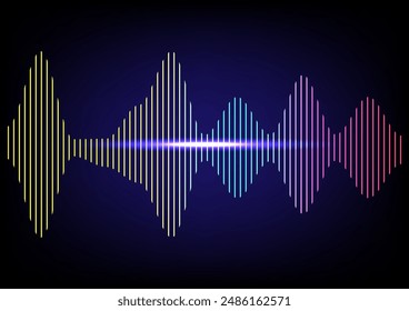 Modern sound wave and rhythmic equalizer. Abstract digital pink, blue, and green color light dynamic flowing pattern elements on dark blue background. Podcasting Audio. Music concepts. 




