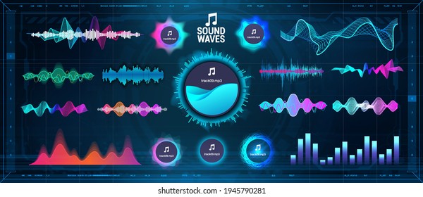 Modern Sound Waves - Equalizer. Futuristic Waveforms, Circle UI And UX Bars, Voice Graph Signal And Music Wave In Futuristic HUD Style. Microphone Voice And Sound Recognition. Vector Audio Waves Set