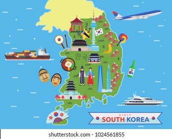 Modern South Korea Famous Tourist Destination Map Illustration