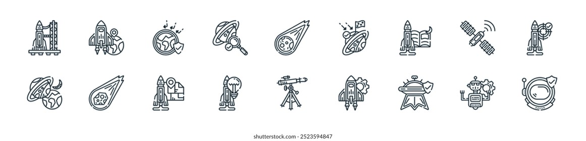 modern space and astronomy icon pack. perfect for linear ui designs featuring vector astronaut helmet, robot assistant, aliens, rocket ship launch, telescope, rocket ship launch, rocket and more