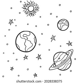 Modern space design Coloring book for children and adults. Hand-drawn Black and white vector illustration.
