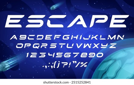 Modern space or dynamic sport type, galaxy typeface and fast speed alphabet, vector letters. Space fantasy font or cosmic galaxy dynamic type for futuristic spaceship or extraterrestrial spaceflight