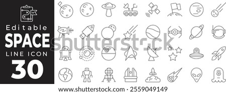 Modern Space Exploration and Astronomy Line Icon Set; Minimalist Outline Symbols for Rocket Launch, Mars Missions, and Deep Space Discovery.