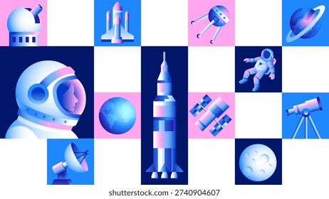 Modern Space Exploration Icons Grid with Astronaut, Rocket, Satellite and Telescope - Astronomy Science Vector Illustration Background