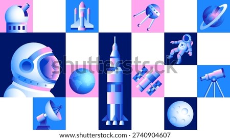 Modern Space Exploration Icons Grid with Astronaut, Rocket, Satellite and Telescope - Astronomy Science Vector Illustration Background