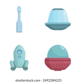 Modern space exploration icons set featuring colorful, flat design vector illustrations of spacecraft, rockets, astronauts, and space equipment for use in digital, web, and app interfaces