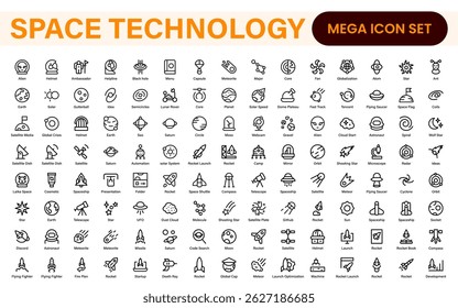 Modern Space Exploration Technology Icons – Outline, Line Art, Vector Illustrations for Rocket Science, Satellites, Astronauts, and Future Missions