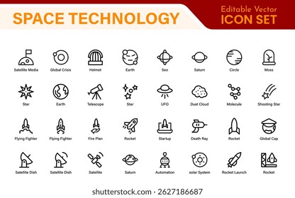 Ícones modernos da tecnologia de exploração espacial - esboço, arte em linha, ilustrações vetoriais para a ciência de foguetes, satélites, astronautas e missões futuras