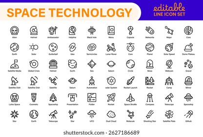 Modern Space Exploration Technology Icons – Outline, Line Art, Vector Illustrations for Rocket Science, Satellites, Astronauts, and Future Missions