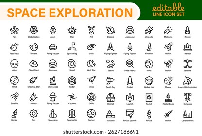 Modern Space Exploration Technology Icons – Outline, Line Art, Vector Illustrations for Rocket Science, Satellites, Astronauts, and Future Missions