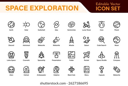 Modern Space Exploration Technology Icons – Outline, Line Art, Vector Illustrations for Rocket Science, Satellites, Astronauts, and Future Missions