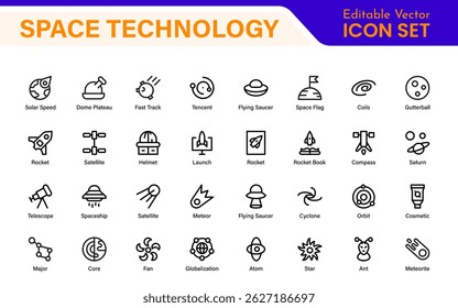 Modern Space Exploration Technology Icons – Outline, Line Art, Vector Illustrations for Rocket Science, Satellites, Astronauts, and Future Missions