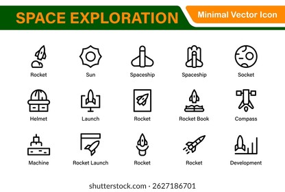 Modern Space Exploration Technology Icons – Outline, Line Art, Vector Illustrations for Rocket Science, Satellites, Astronauts, and Future Missions