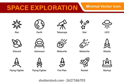 Modern Space Exploration Technology Icons – Outline, Line Art, Vector Illustrations for Rocket Science, Satellites, Astronauts, and Future Missions