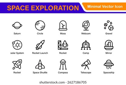 Modern Space Exploration Technology Icons – Outline, Line Art, Vector Illustrations for Rocket Science, Satellites, Astronauts, and Future Missions