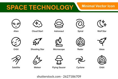 Modern Space Exploration Technology Icons – Outline, Line Art, Vector Illustrations for Rocket Science, Satellites, Astronauts, and Future Missions