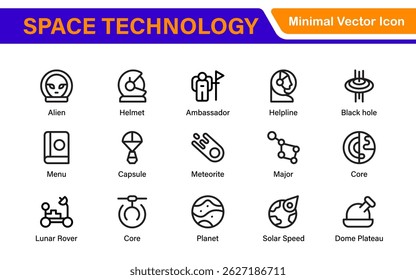 Modern Space Exploration Technology Icons – Outline, Line Art, Vector Illustrations for Rocket Science, Satellites, Astronauts, and Future Missions
