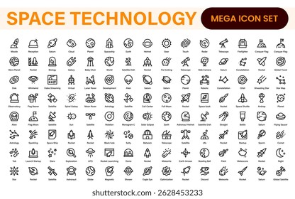 Modern Space Exploration Technology Icons – Outline, Line Art, Vector Illustrations for Rocket Science, Satellites, Astronauts, and Future Missions