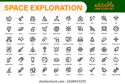Modern Space Exploration Technology Icons – Outline, Line Art, Vector Illustrations for Rocket Science, Satellites, Astronauts, and Future Missions