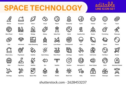 Modern Space Exploration Technology Icons – Outline, Line Art, Vector Illustrations for Rocket Science, Satellites, Astronauts, and Future Missions