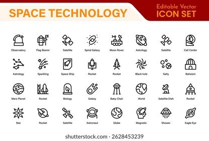 Modern Space Exploration Technology Icons – Outline, Line Art, Vector Illustrations for Rocket Science, Satellites, Astronauts, and Future Missions