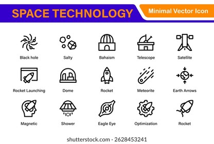 Modern Space Exploration Technology Icons – Outline, Line Art, Vector Illustrations for Rocket Science, Satellites, Astronauts, and Future Missions