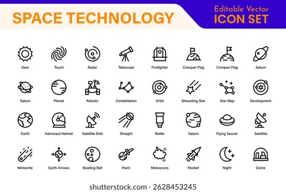 Modern Space Exploration Technology Icons – Outline, Line Art, Vector Illustrations for Rocket Science, Satellites, Astronauts, and Future Missions