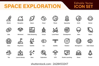 Modern Space Exploration Technology Icons – Outline, Line Art, Vector Illustrations for Rocket Science, Satellites, Astronauts, and Future Missions