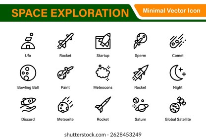 Modern Space Exploration Technology Icons – Outline, Line Art, Vector Illustrations for Rocket Science, Satellites, Astronauts, and Future Missions