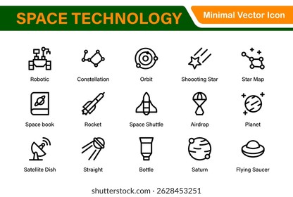 Modern Space Exploration Technology Icons – Outline, Line Art, Vector Illustrations for Rocket Science, Satellites, Astronauts, and Future Missions